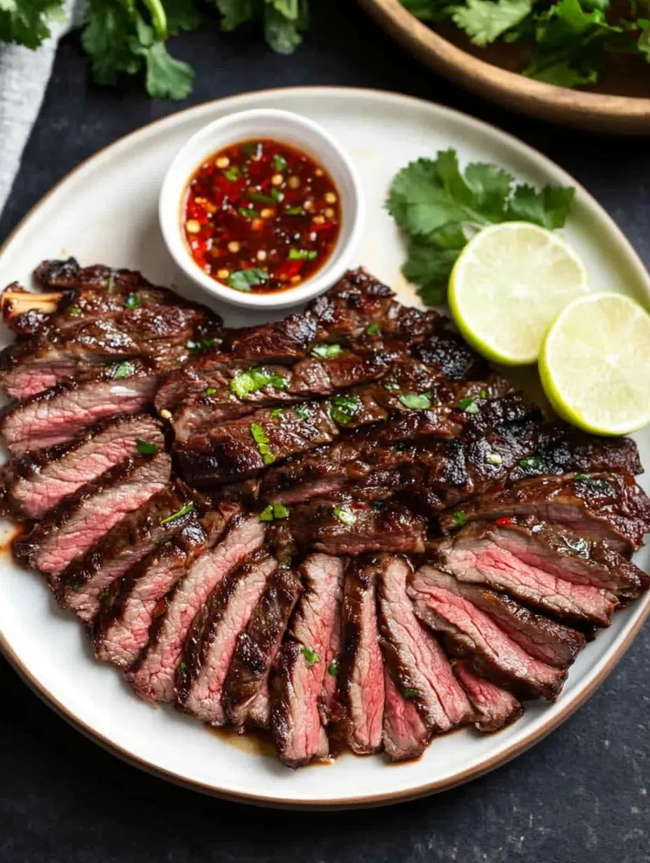 Ein Teller mit Fleisch und einer Schale Sauce.