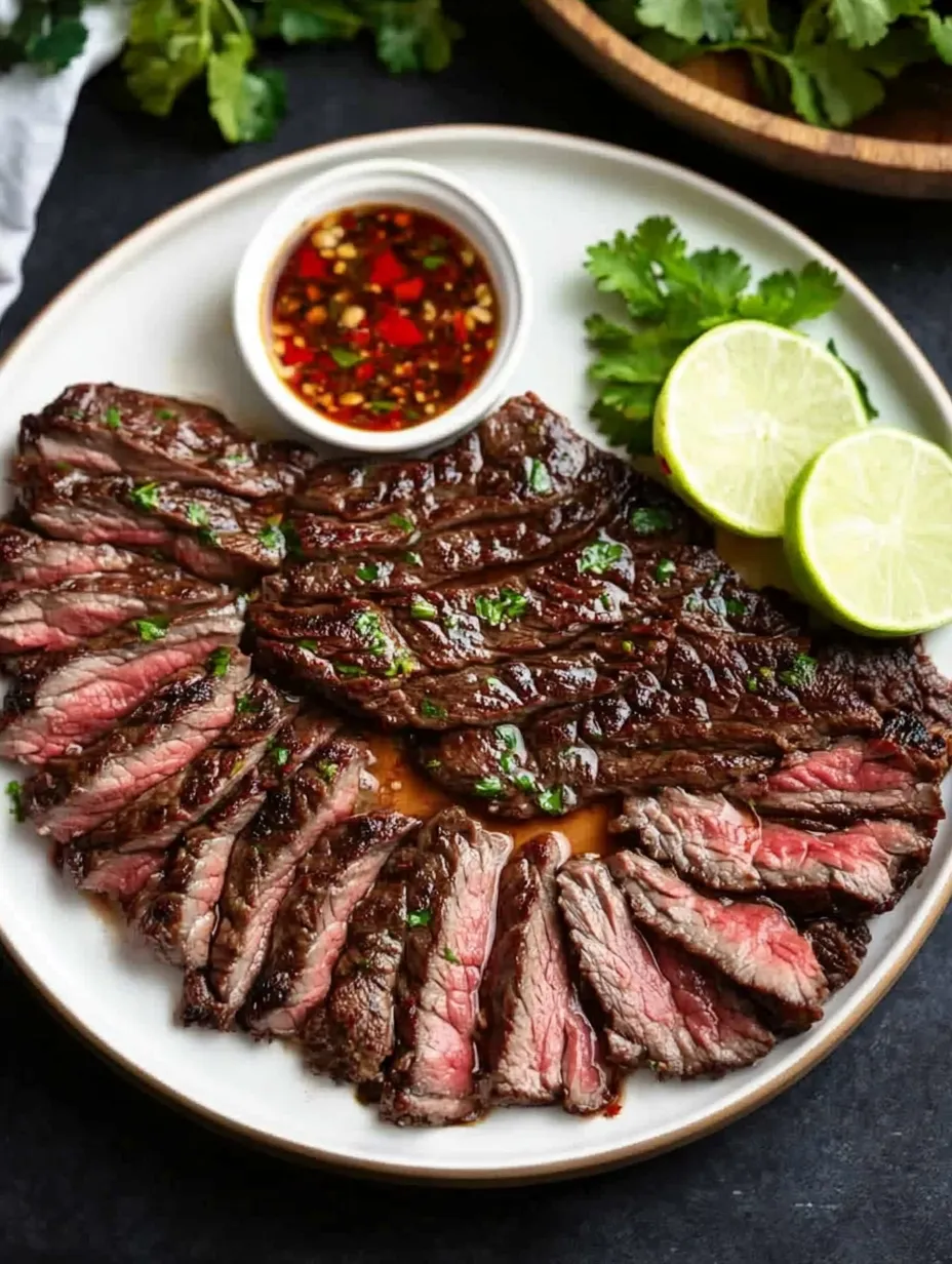 Ein Teller mit Fleisch und einer Schale Sauce.