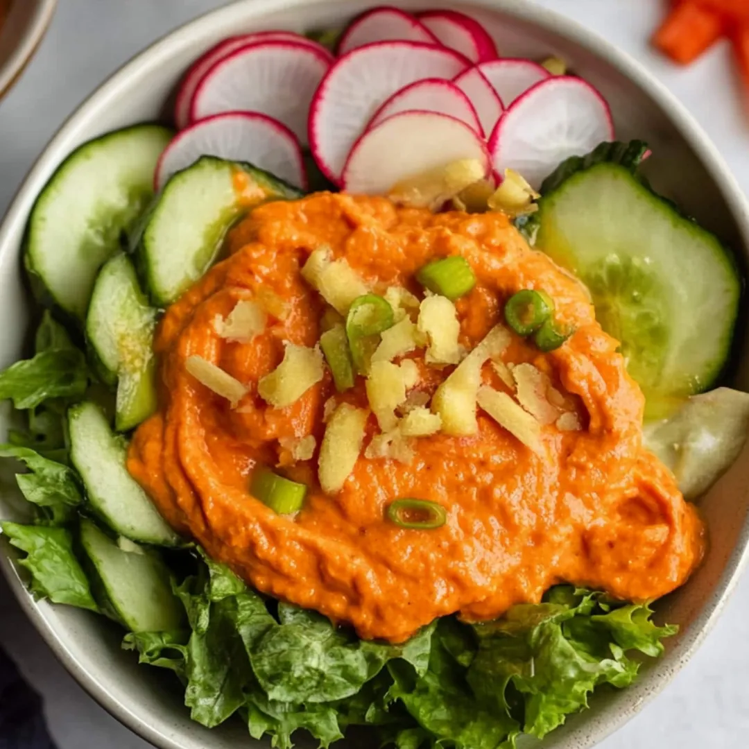 Eine Schale Salat mit roter Sauce und geschnittenem Gemüse.