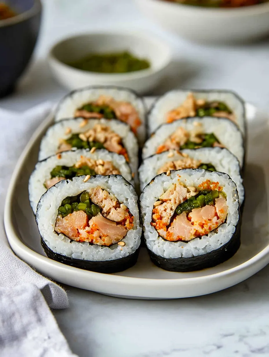 Ein Teller Sushi mit Reis und Fisch.