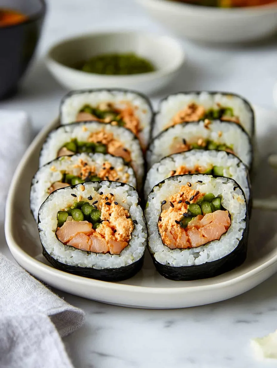 Ein Teller Sushi mit Erbsen und Lachs.