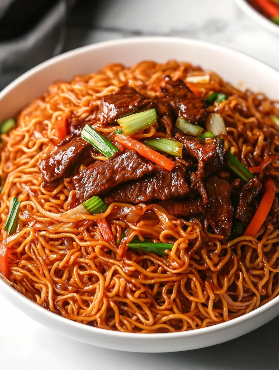 Eine Schüssel Nudeln mit Rindfleisch und Gemüse.