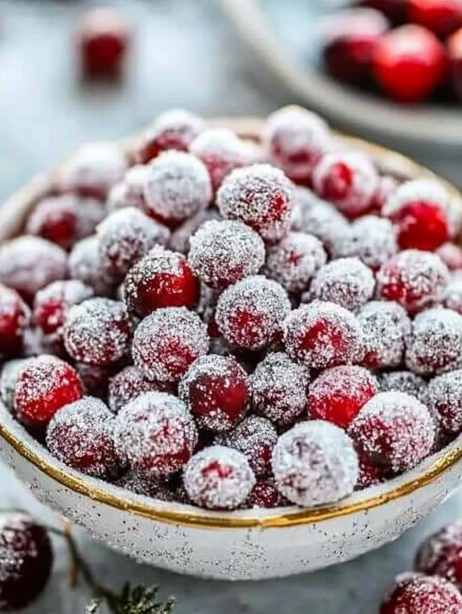 Schüssel mit roten Beeren, bedeckt mit Puderzucker.