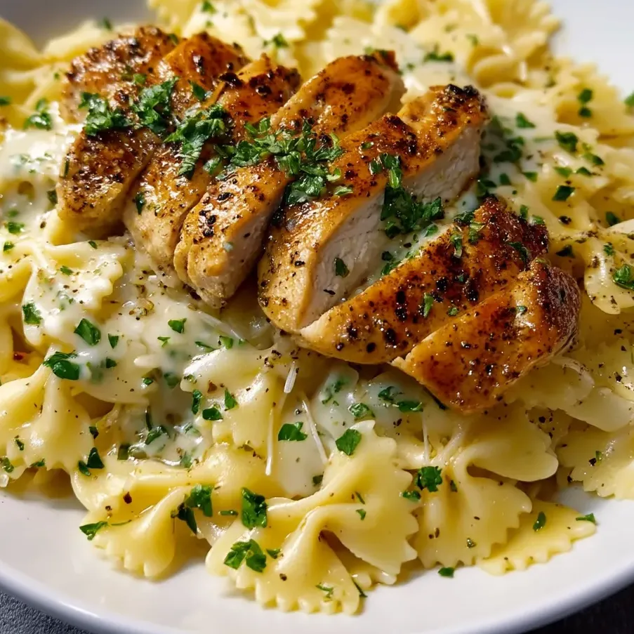 Ein Teller mit Nudeln, Hühnerfleisch und Kräutern.
