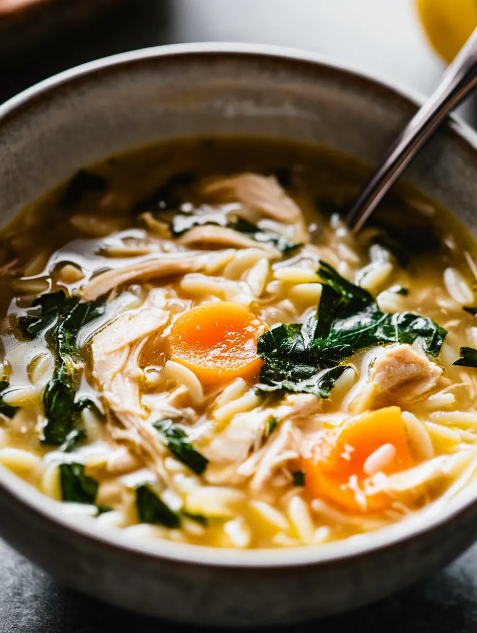 Eine Schüssel Suppe mit Hühnchen, Karotten und Grünzeug.