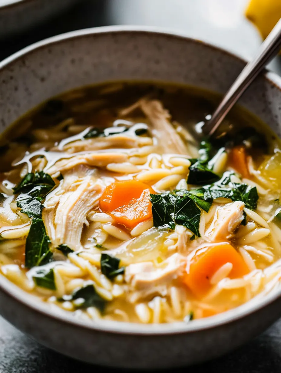 Eine Schüssel Suppe mit Hühnchen und Gemüse.