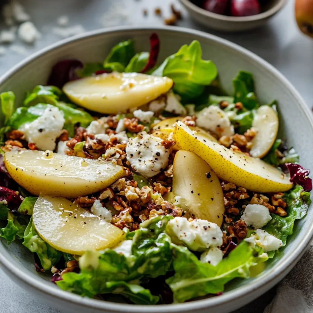 Eine Schüssel Salat mit Feta und Äpfeln.