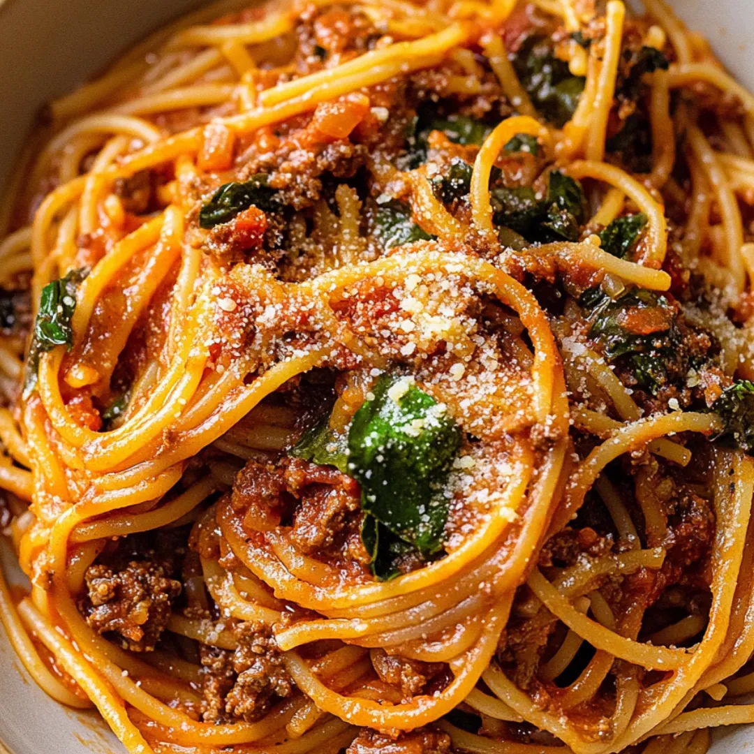 Ein Schüsselgericht mit Spaghetti, Fleischsauce und frischen Kräutern.