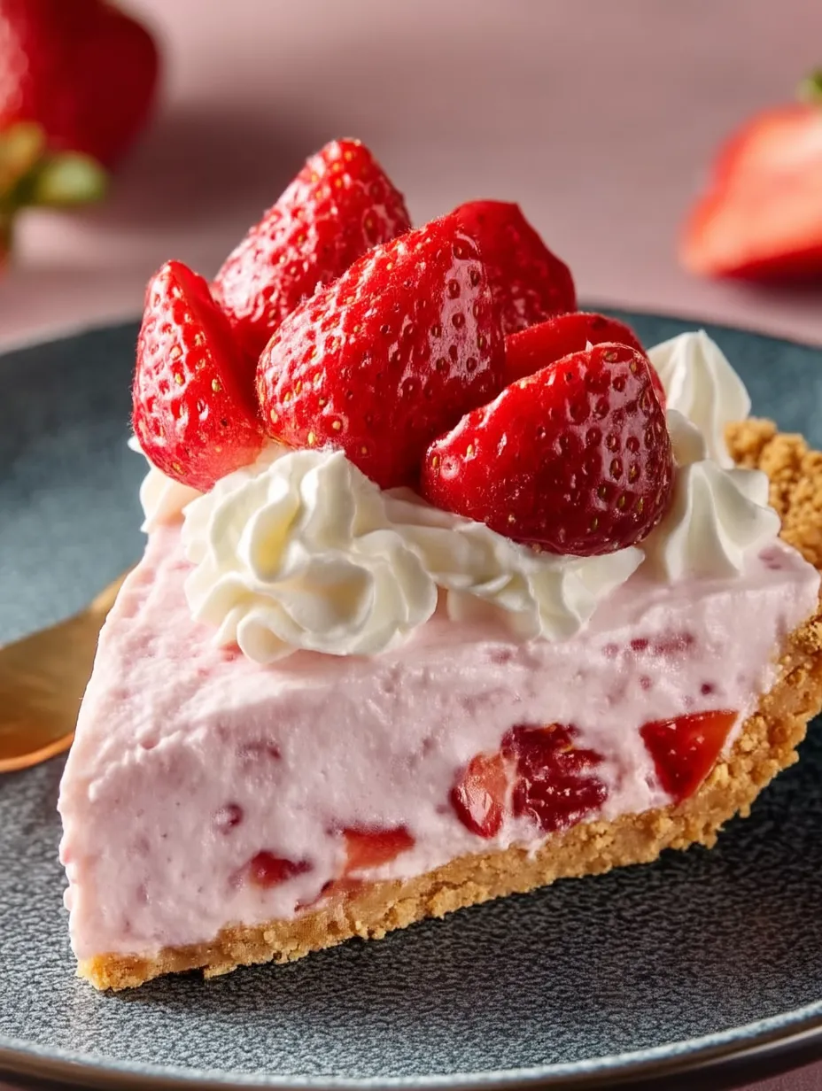 Ein Stück Erdbeertorte mit Erdbeeren obendrauf.