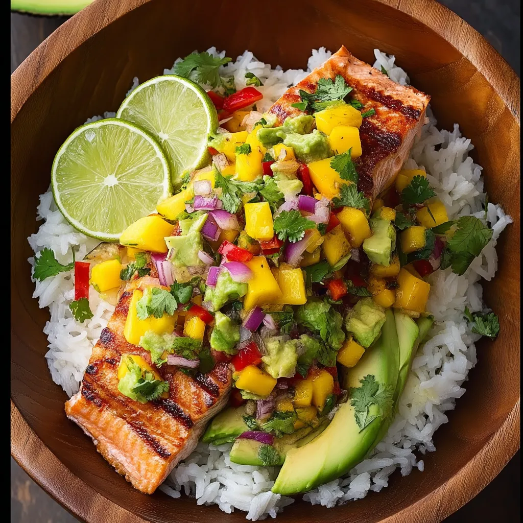 Eine Schüssel mit Fisch, Reis und Gemüse.