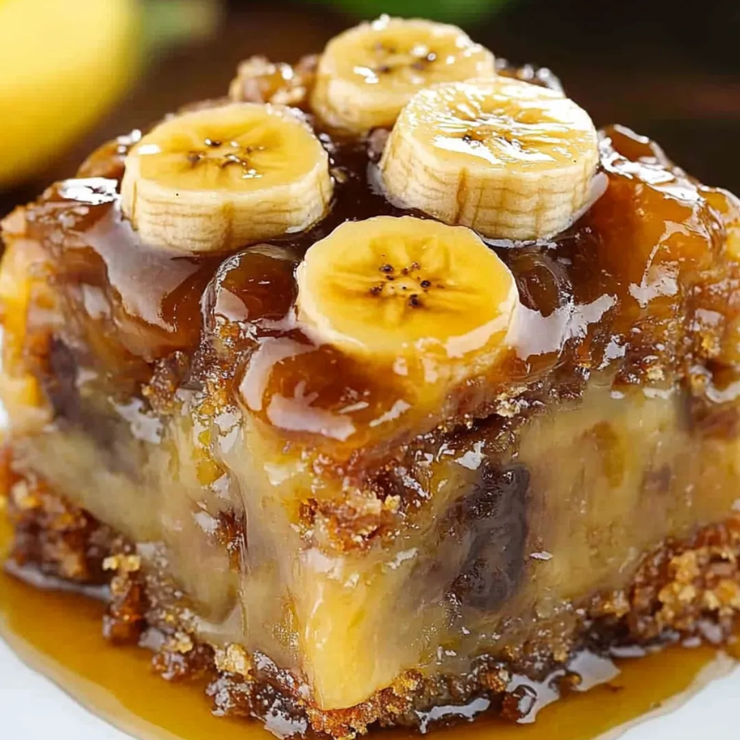 Ein Stück Bananenkuchen mit karamellisierten Bananen darauf.