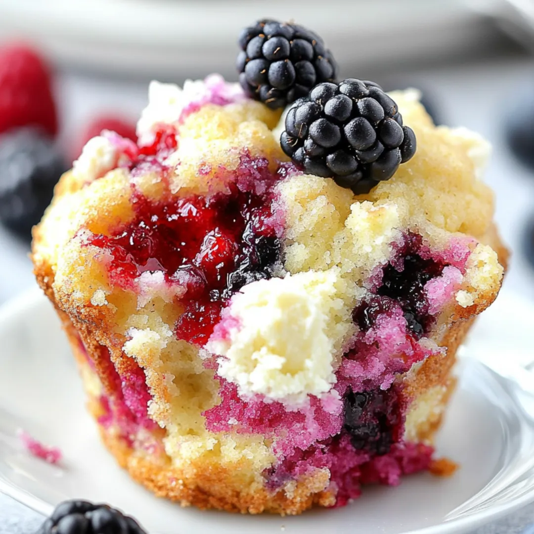 Ein Muffin mit Beeren und Frischkäse.