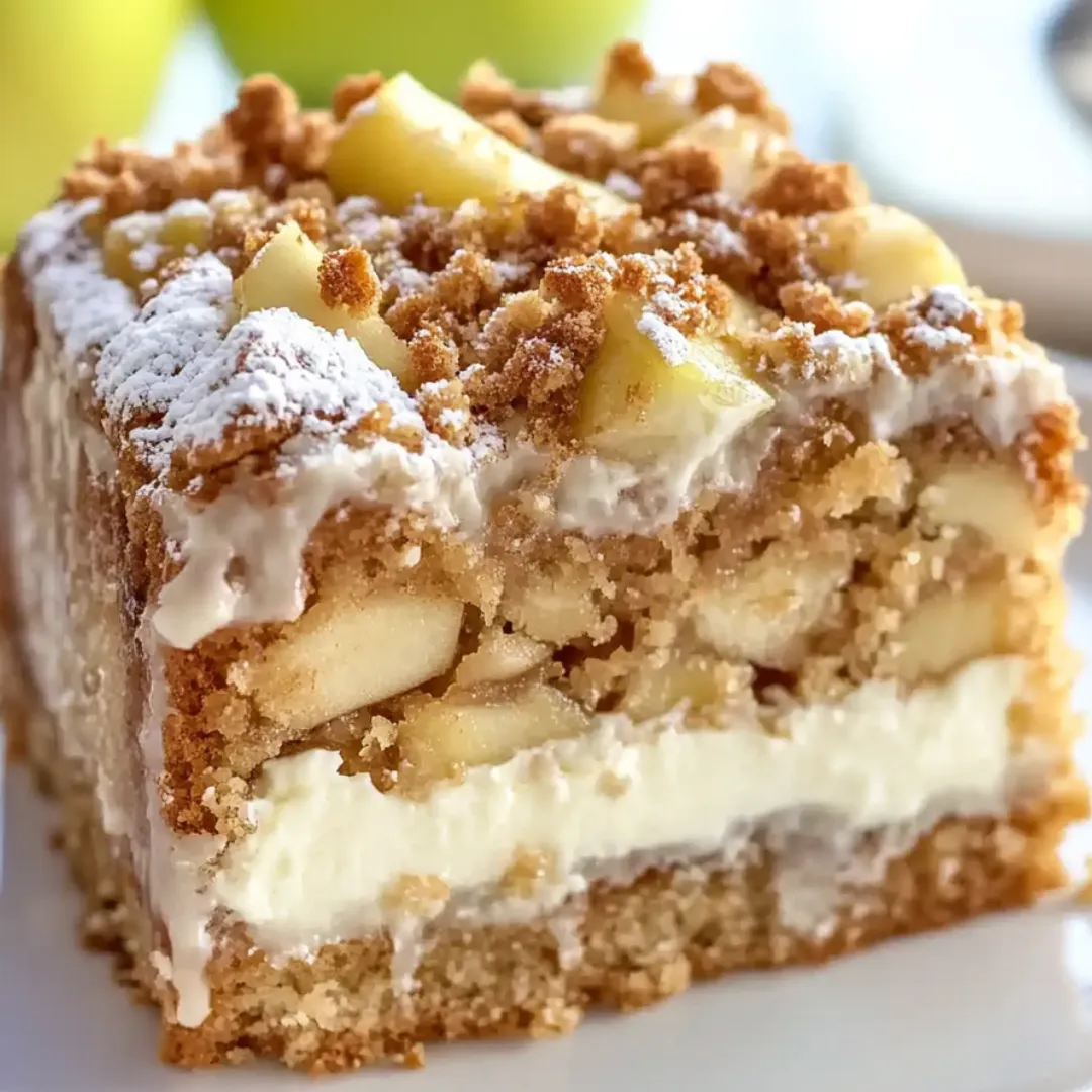 Ein Stück Kuchen mit weißem Guss und Apfelscheiben.