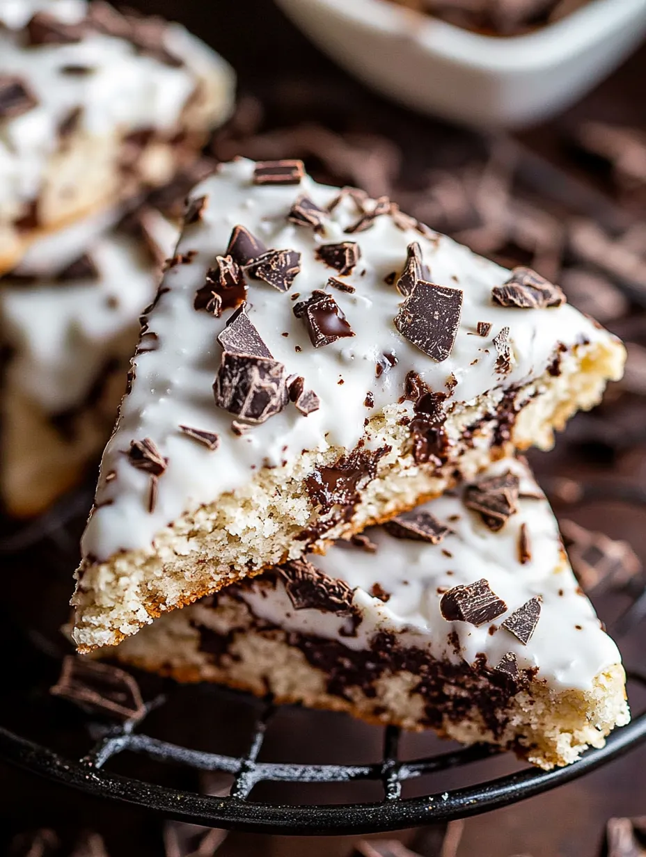 Ein Stück Kuchen mit weißer Glasur und Schokoladenstückchen.