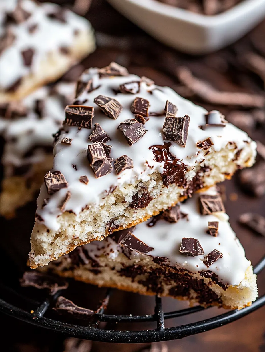 Ein Stück Kuchen mit Schokolade und weißer Glasur.