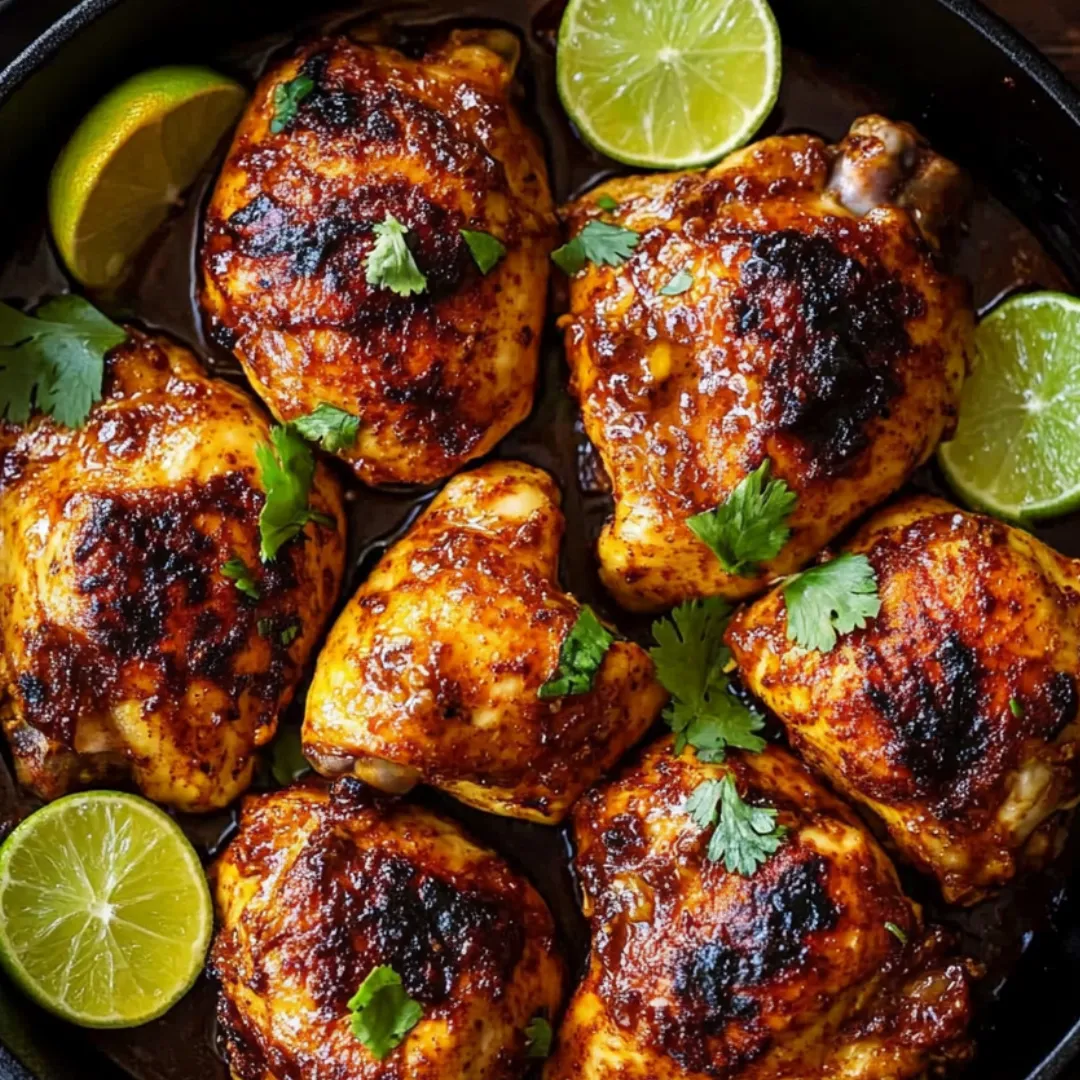 Eine Schale mit Hähnchen, Limetten und Kräutern.