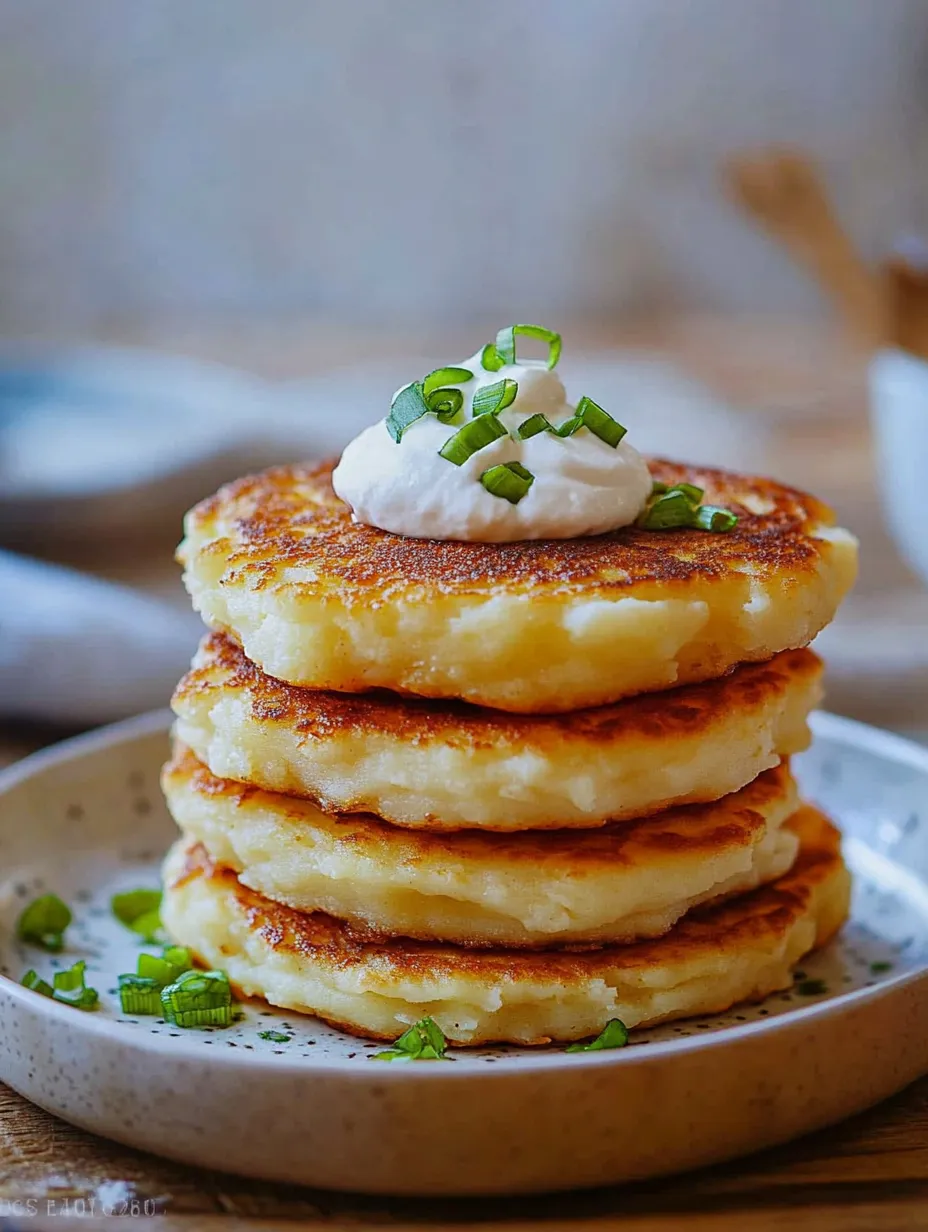 Ein Stapel Puffer mit weißer Sauce obendrauf.