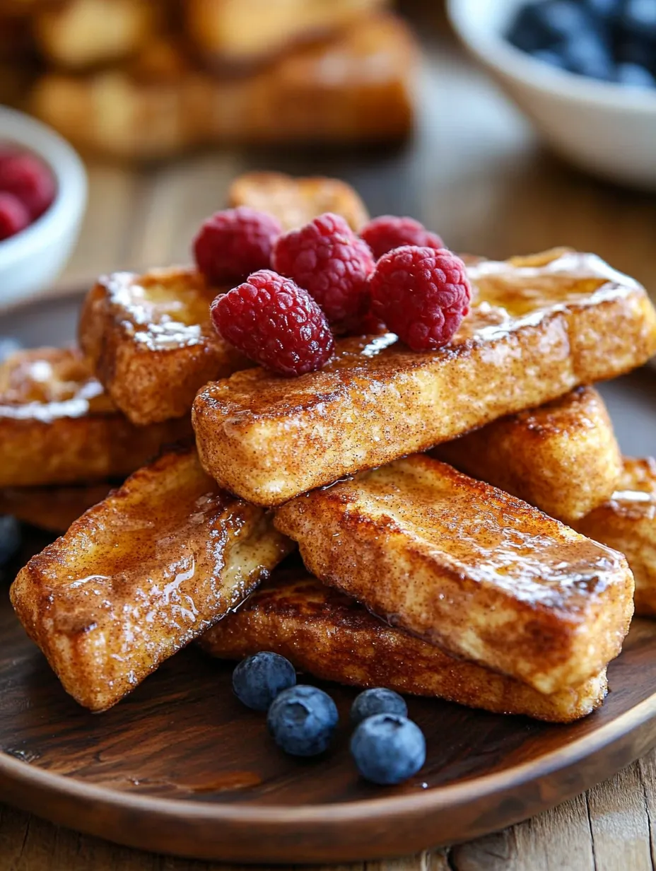 Ein Stapel French Toast mit Himbeeren darauf.