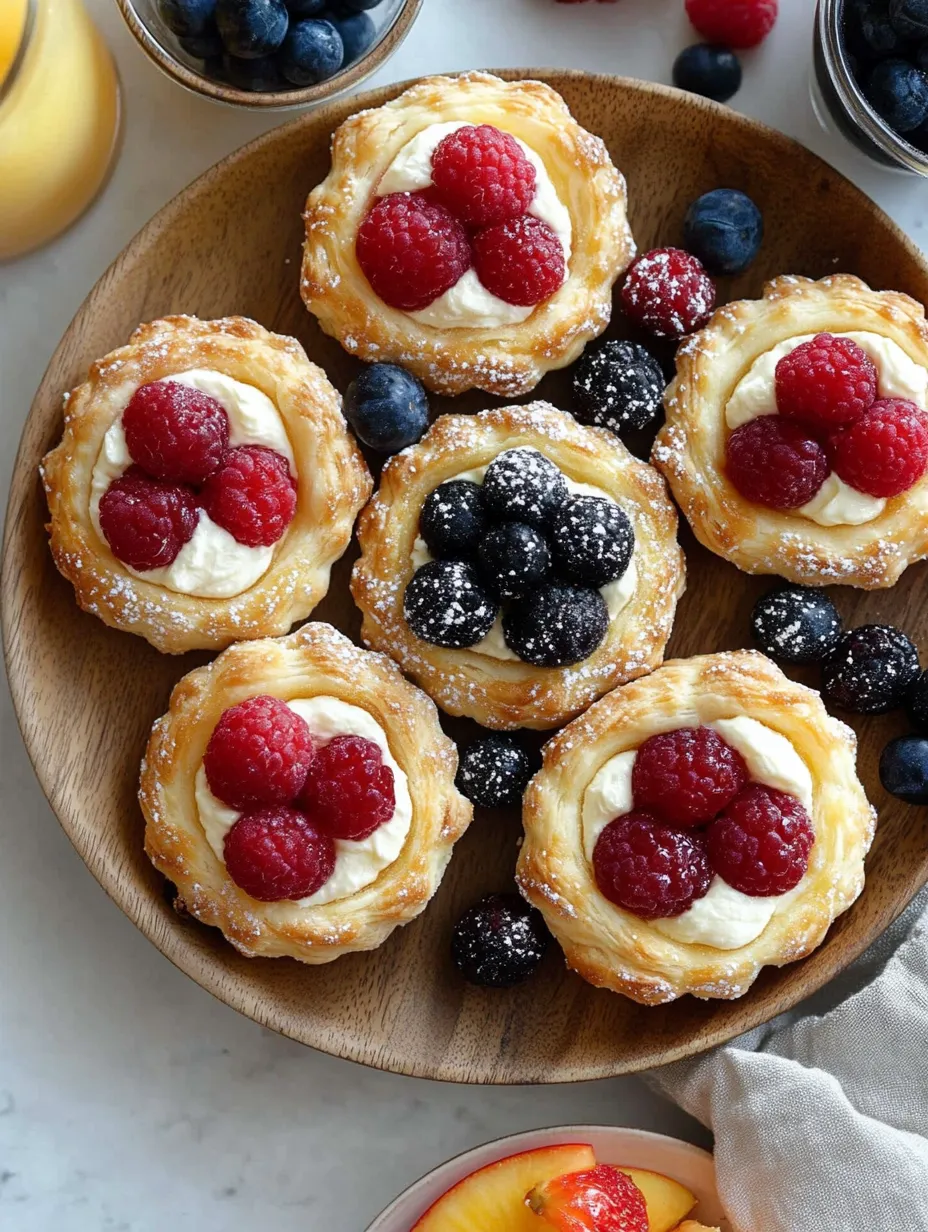 Ein Teller mit Törtchen mit Beeren obendrauf.