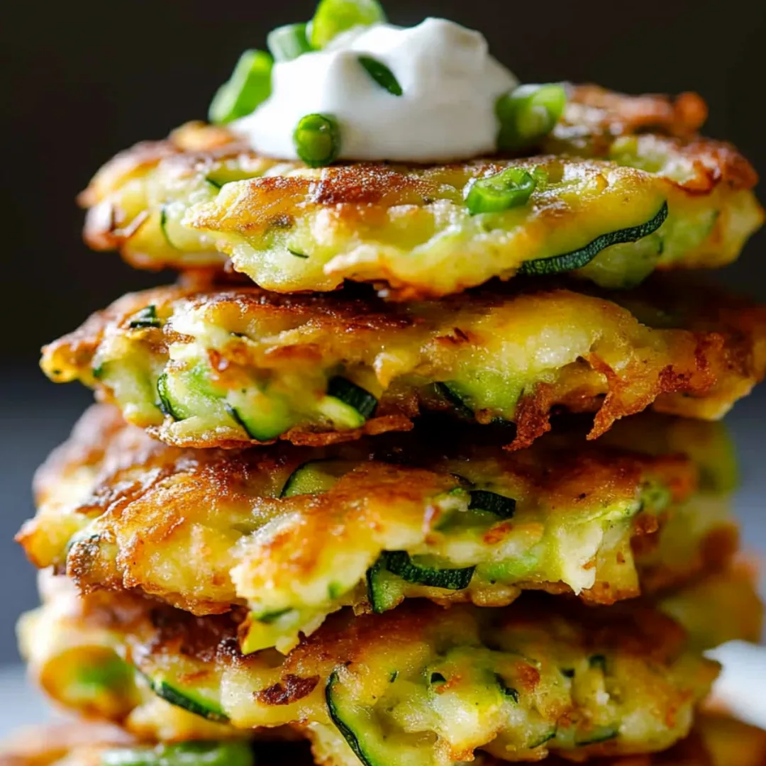Ein Stapel Zucchini-Puffer mit Sauerrahm darauf.