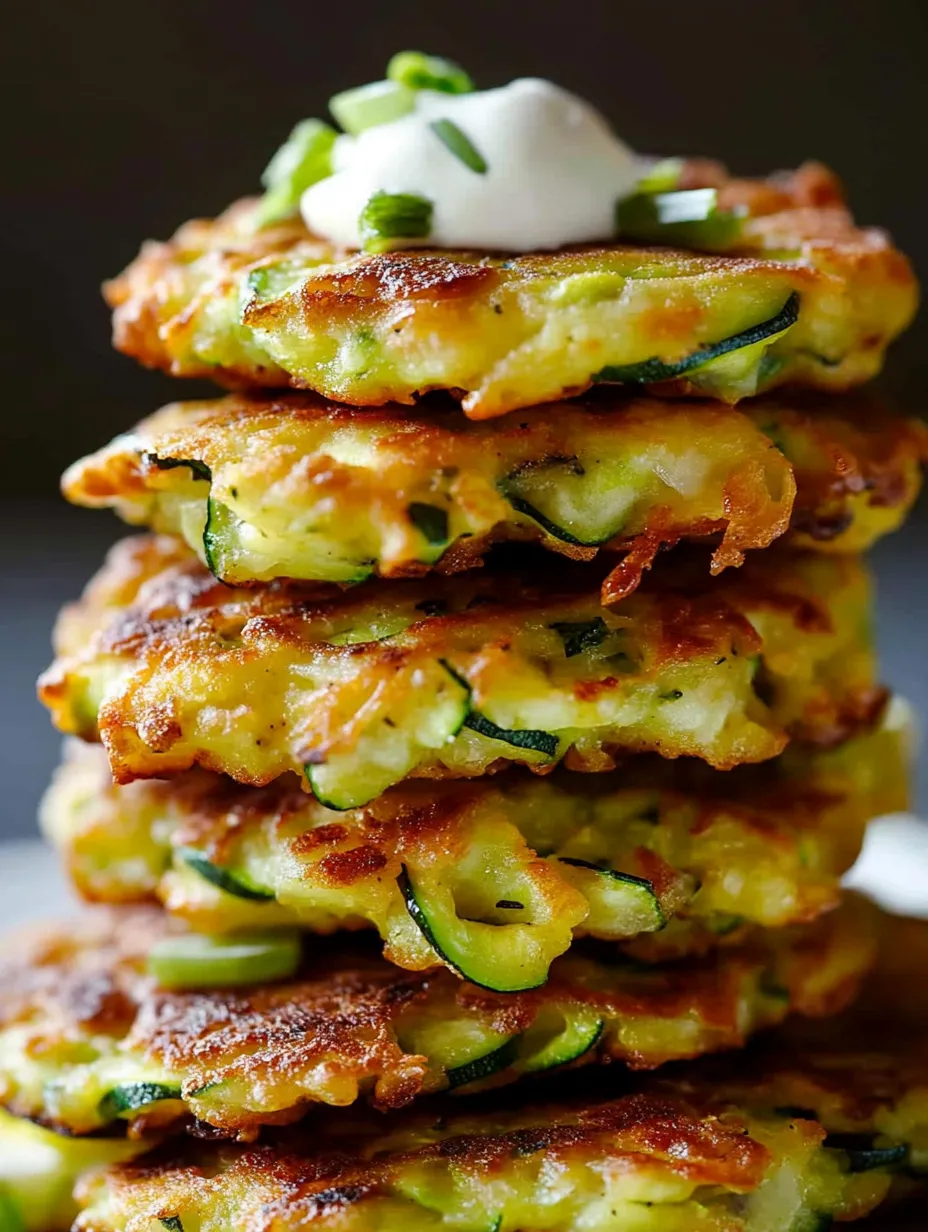 Ein Stapel Pfannkuchen mit Zucchini obendrauf.