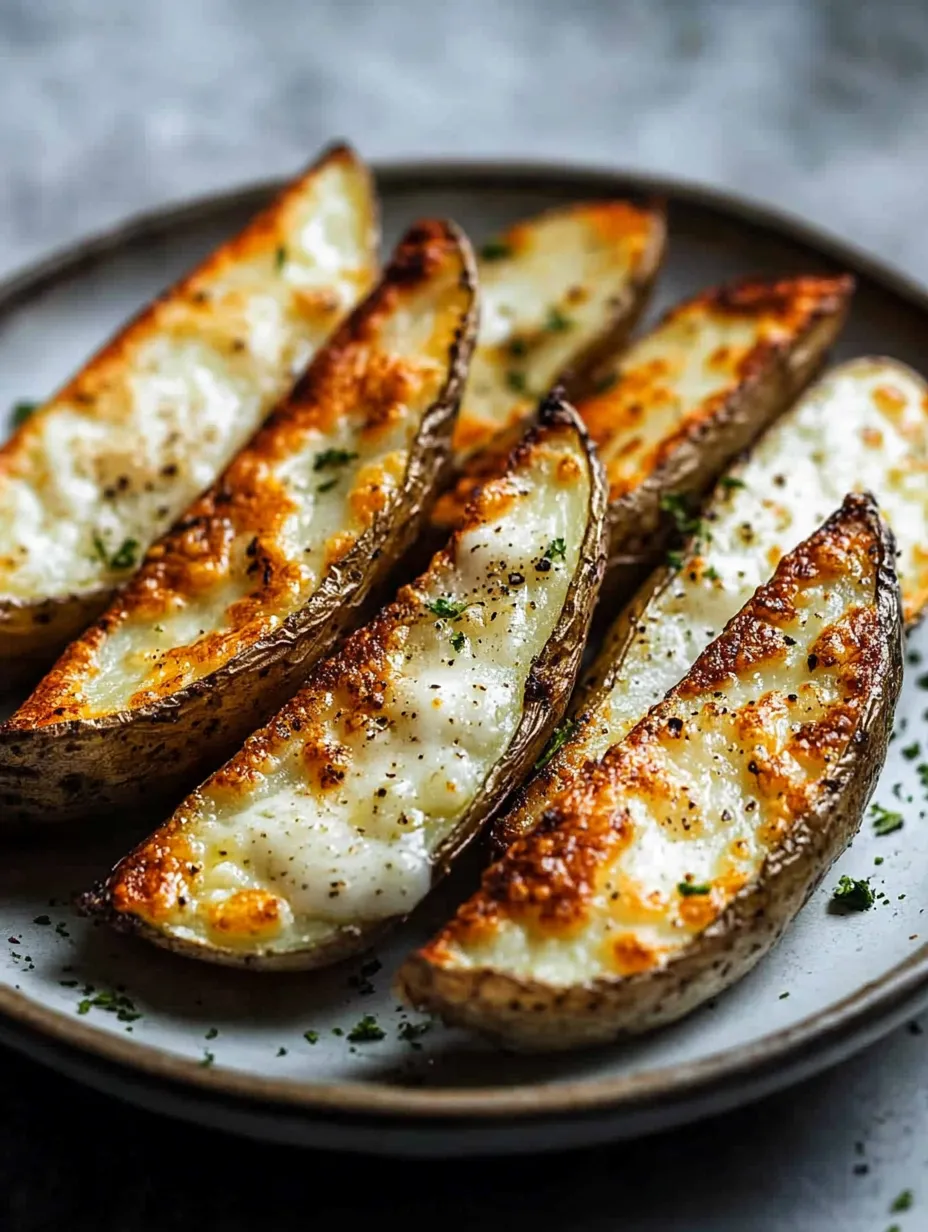 Ein Teller mit gebackenen Kartoffeln mit Käse.
