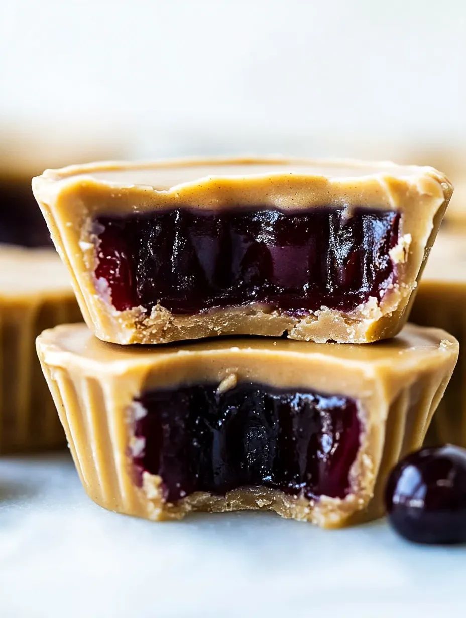 Zwei Schokoladenpralinen mit dunkelroter Füllung.