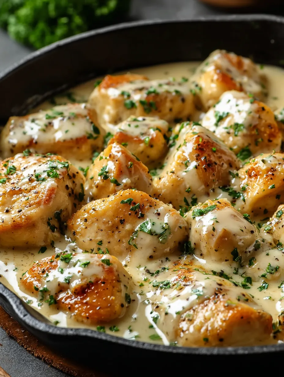 Eine Pfanne mit Hähnchen und weißer Soße.