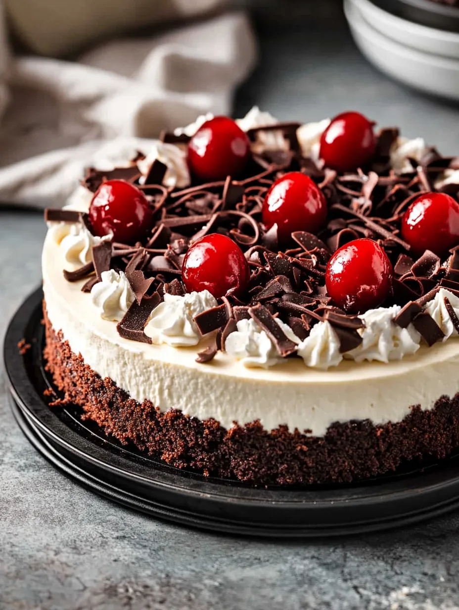 Ein Schokoladenkuchen mit weißer Glasur und Kirschen.