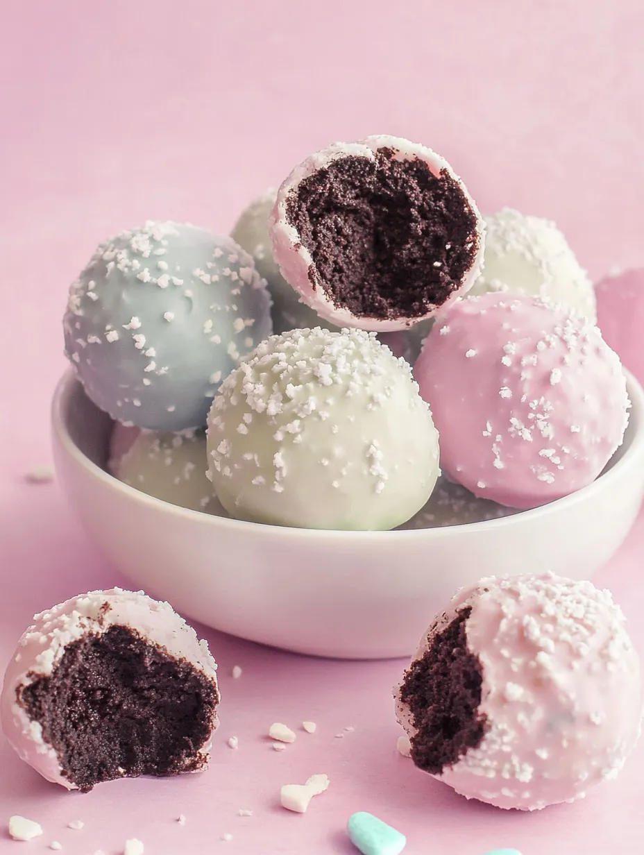Eine Schüssel mit Cake Balls mit rosa und schwarzem Überzug.
