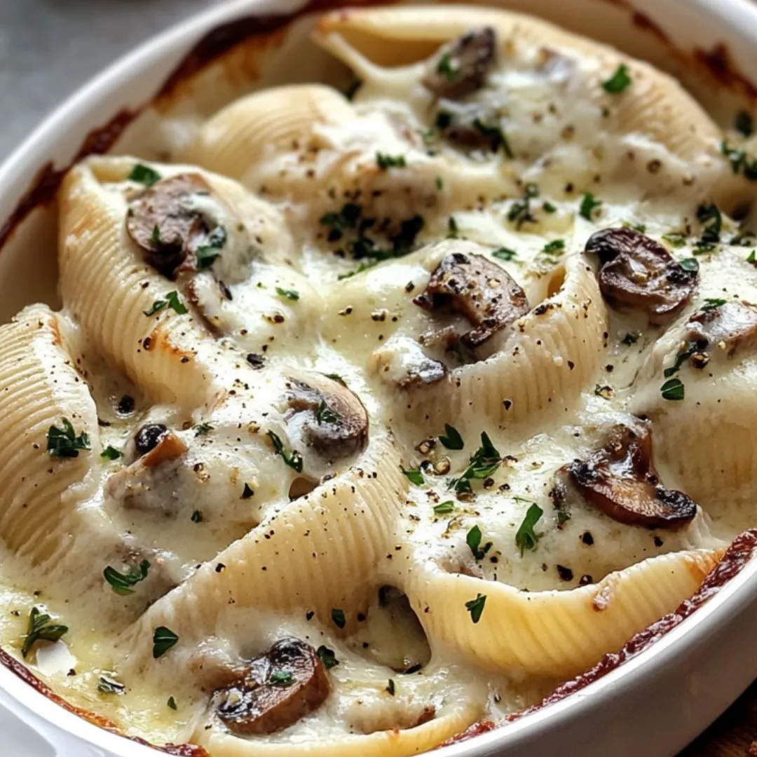 Eine Schüssel Pasta mit Pilzen und Käse.