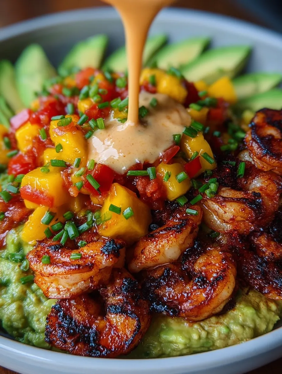 Ein Teller mit Garnelen und Avocado.