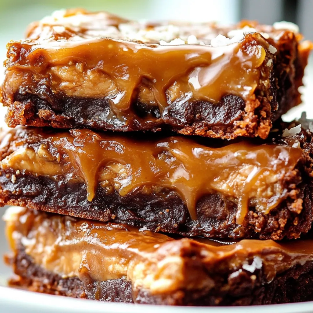 Ein Stapel Brownies mit Caramel-Drizzle.
