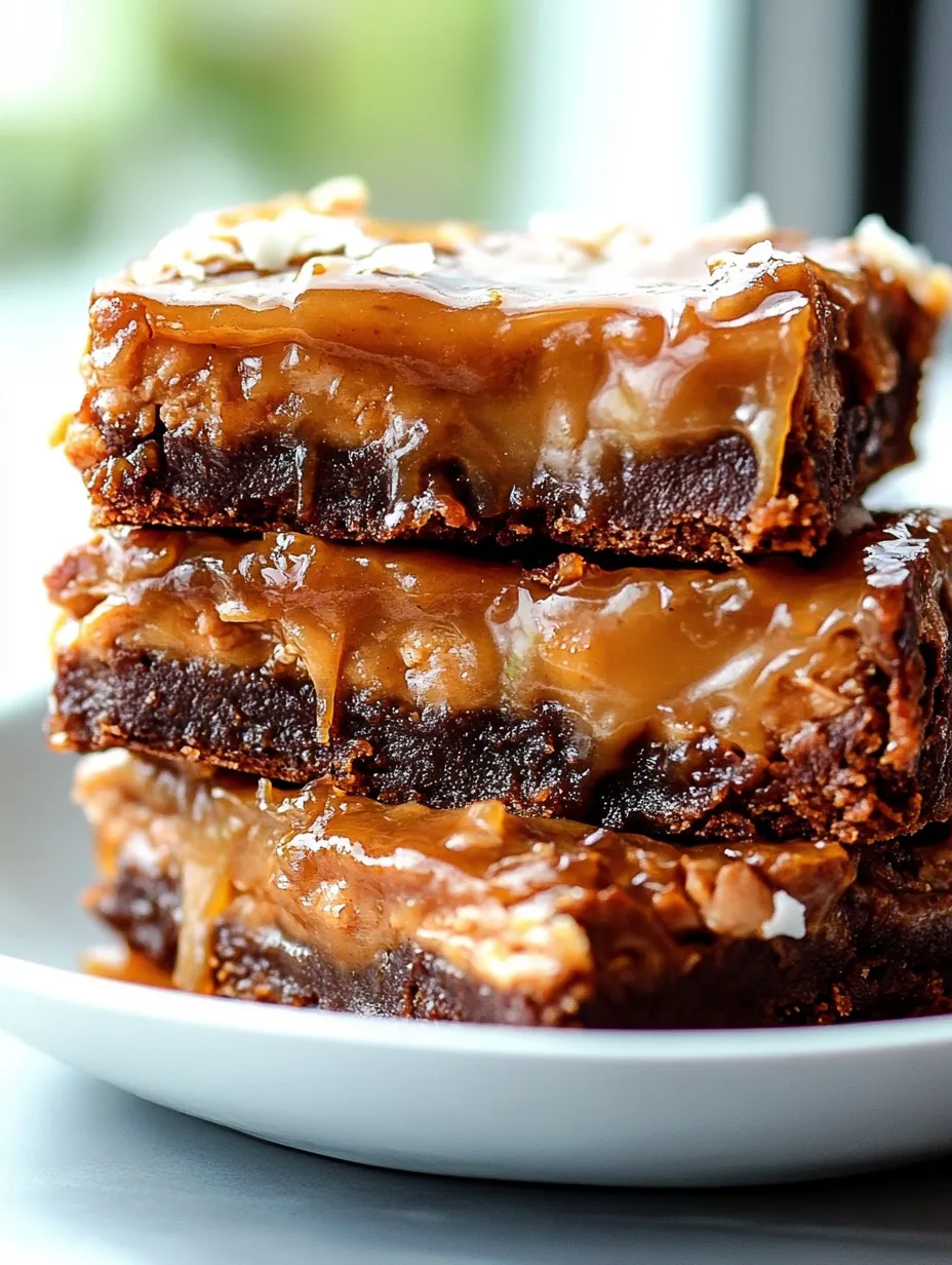 Ein Stapel Brownies mit Karamellsoße.