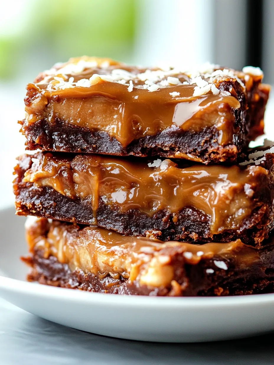 Ein Stapel Brownies mit Karamellsoße.