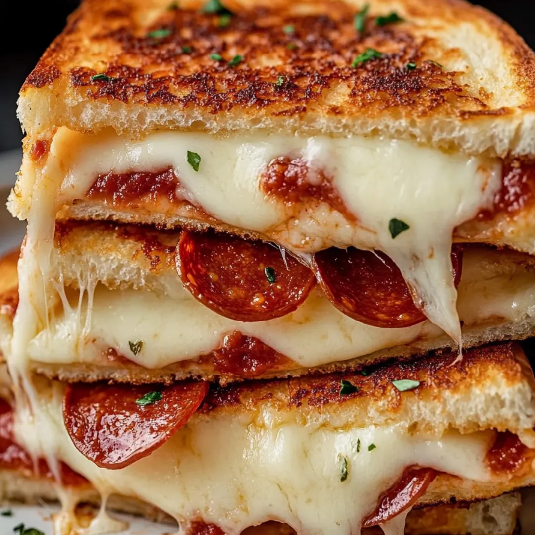 Drei geschichtete, knusprige Toasts mit Pepperoni und geschmolzenem Käse.