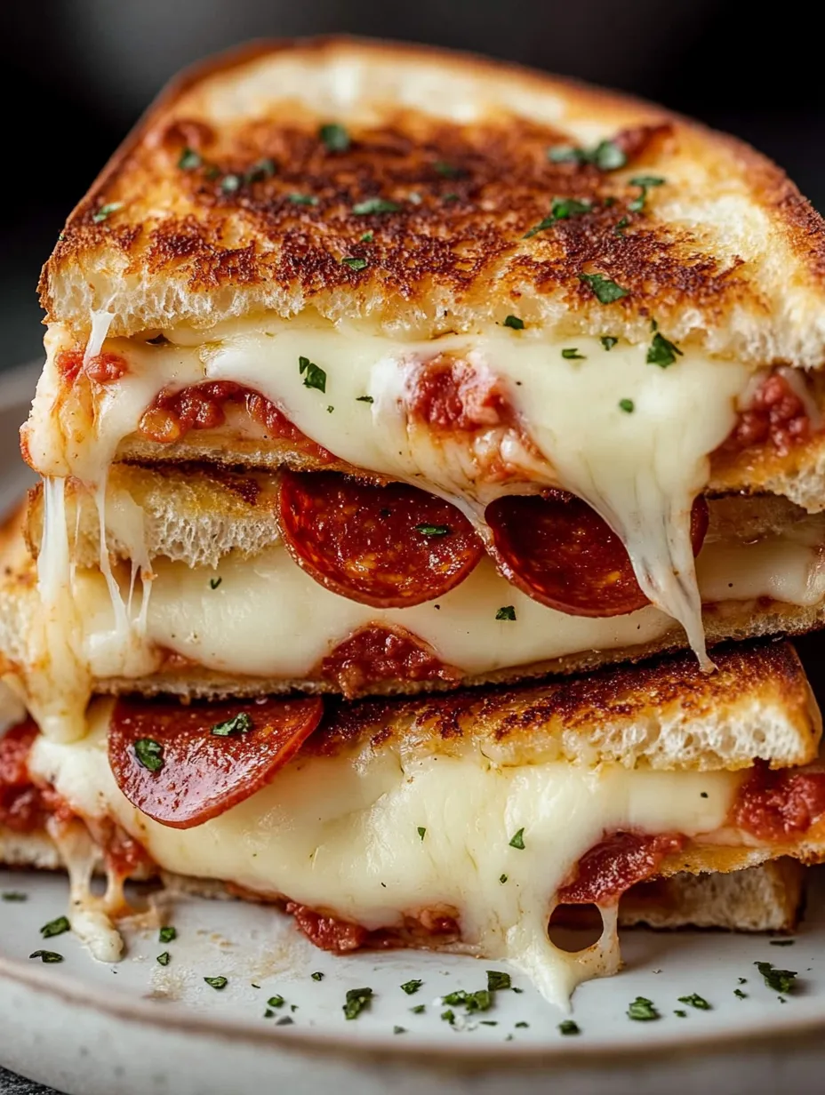 Ein Stapel mit drei Käsetoast-Sandwiches.