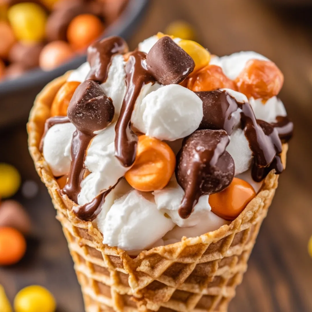 Ein mit Schokolade überzogenes Waffelhörnchen, gefüllt mit Marshmallows und Erdnüssen.