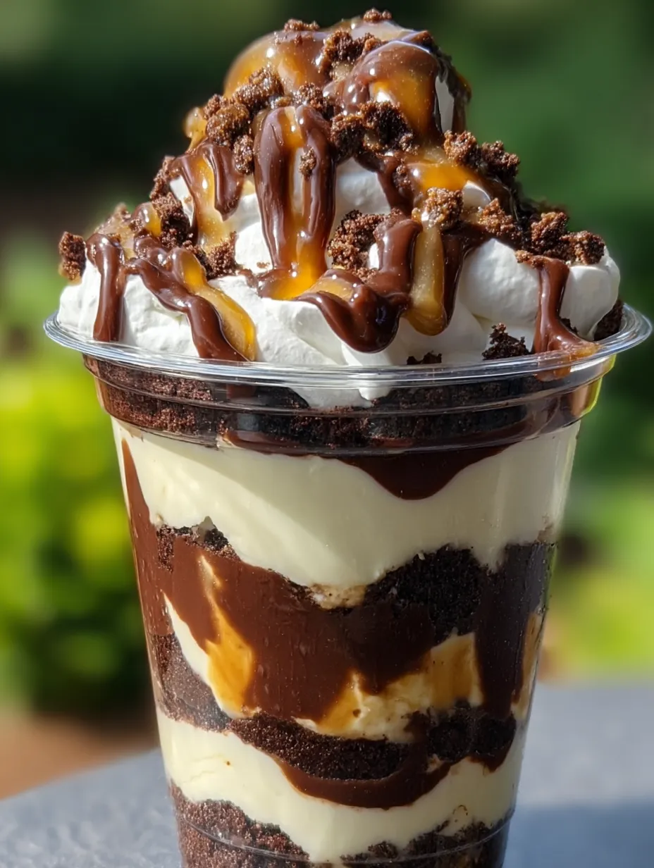 Ein Schokoladen-Karamell-Dessert im Plastikbecher.