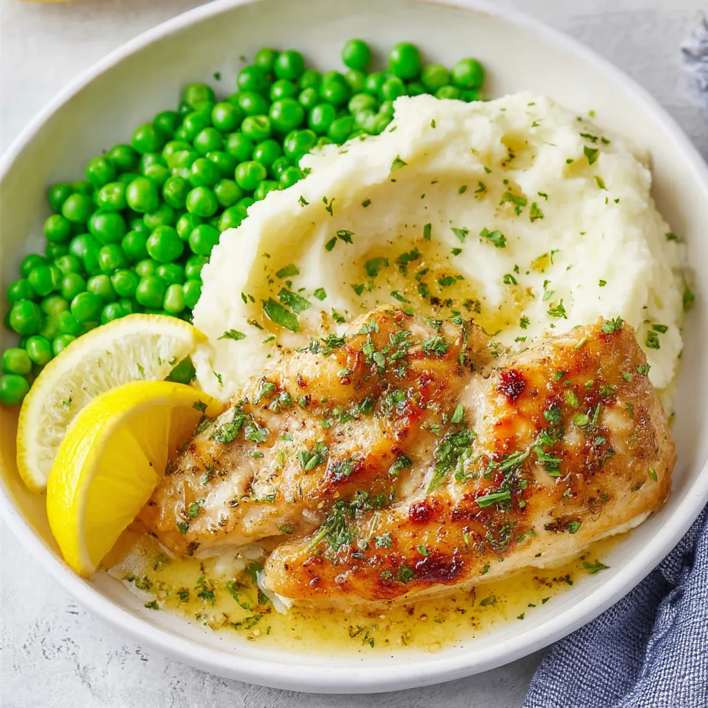 Eine Schüssel mit Huhn, Kartoffeln und Erbsen.