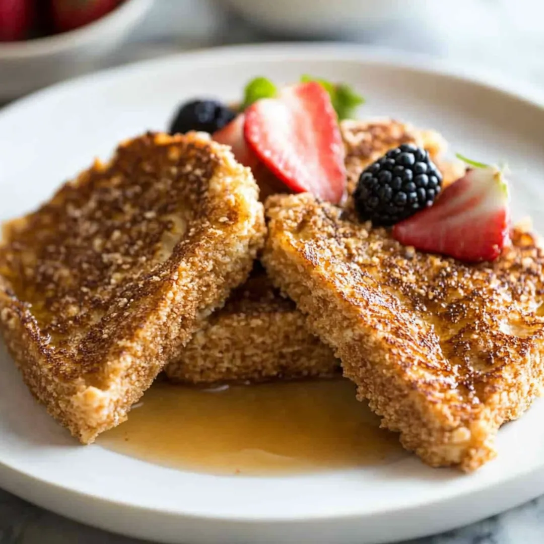 Ein Teller mit Toast, Erdbeeren und Blaubeeren.