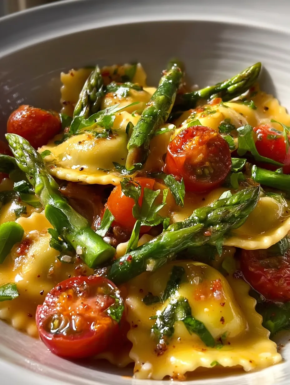 Ein Teller köstliche Nudeln mit Tomaten und Spargel.