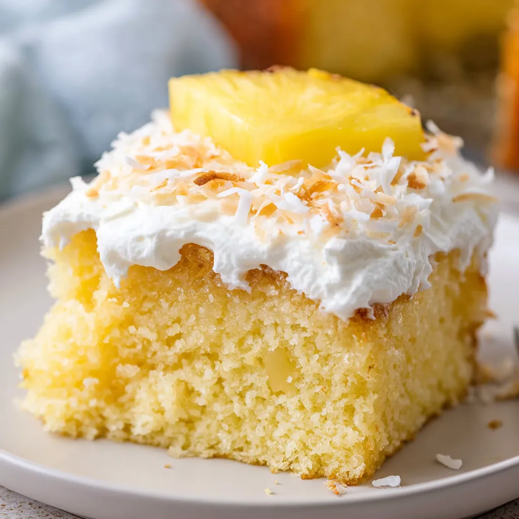 Ein Stück Kuchen mit weißem Topping und einer Ananasscheibe obenauf.
