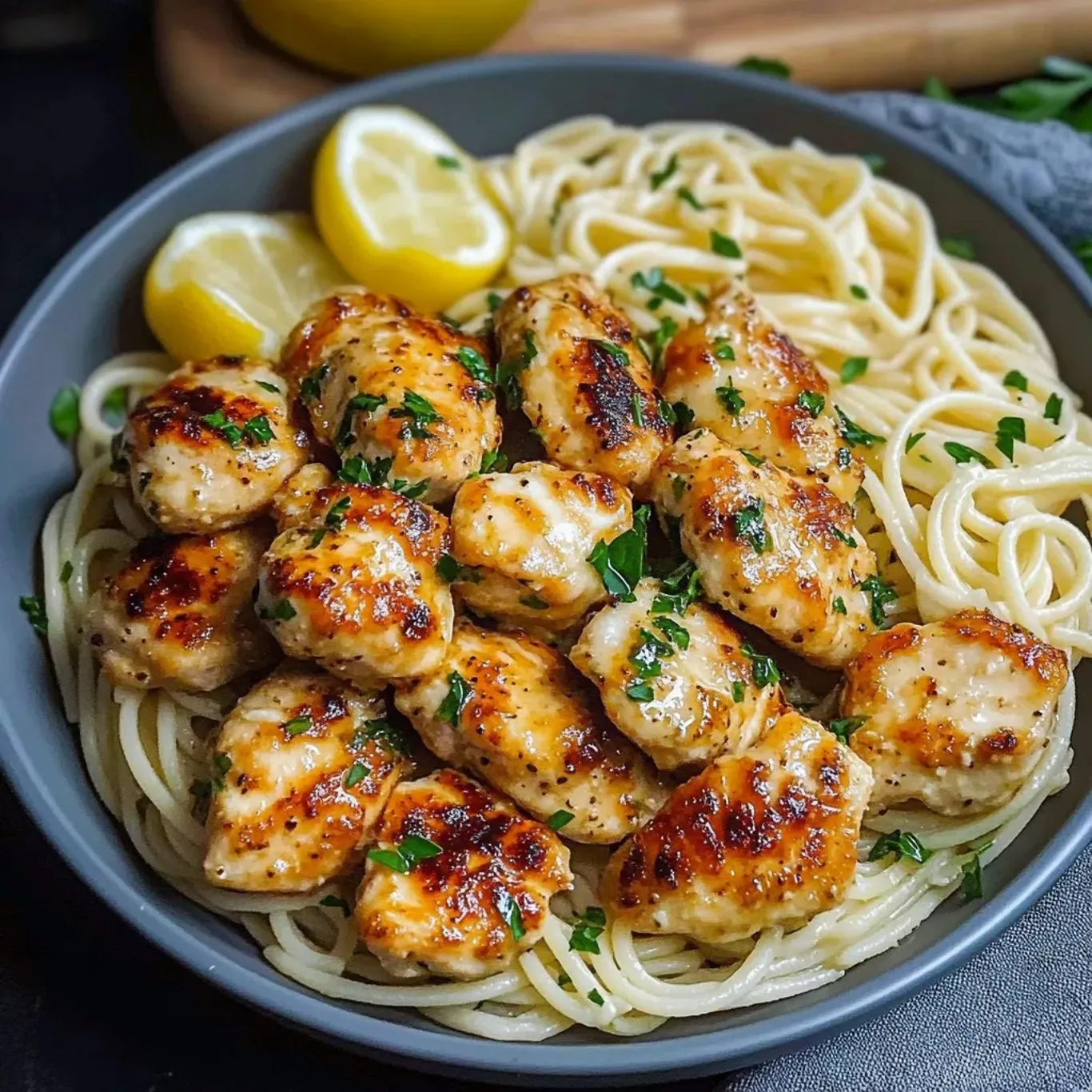 Eine Schüssel Pasta mit Huhn und Zitronenscheiben.