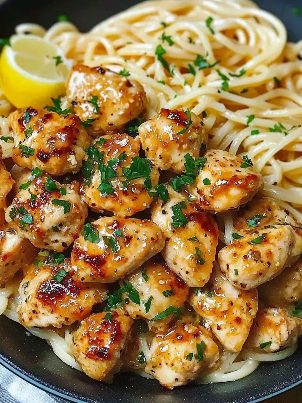 Ein Teller mit Hähnchen und Pasta.