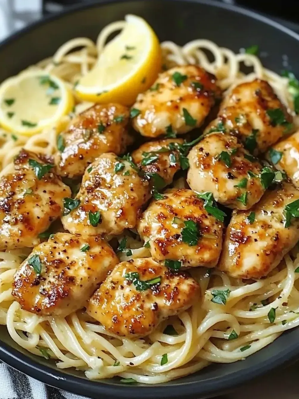Eine Schüssel Pasta mit Hähnchen und Zitronenspalten.