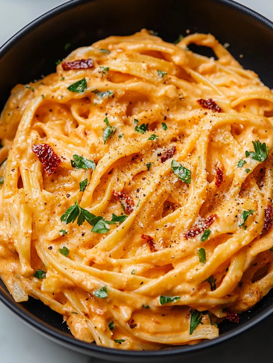 Eine Schüssel Pasta mit einem Zweig Petersilie obendrauf.