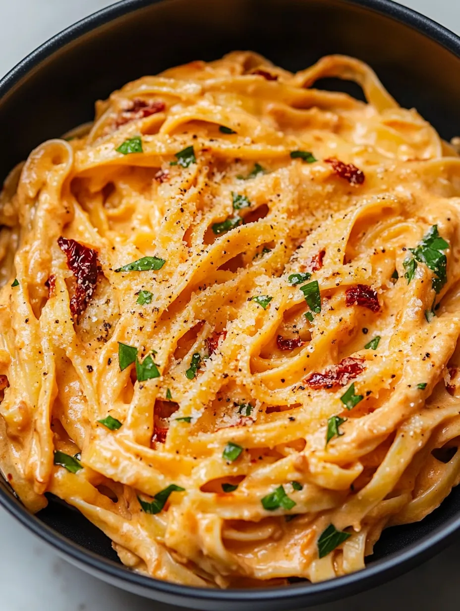 Eine Schüssel Pasta mit roter Soße und grünen Kräutern.