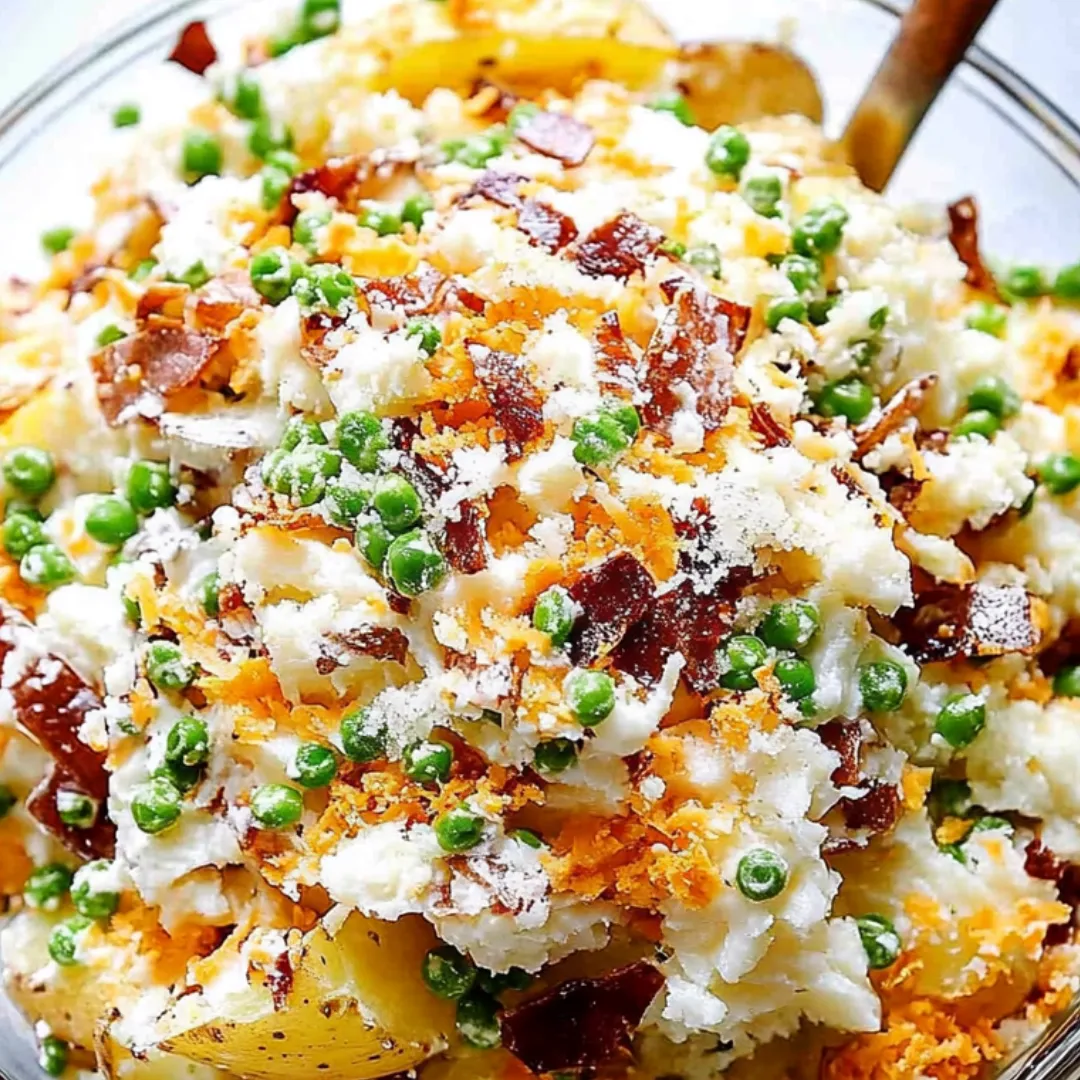 Eine Schüssel mit Kartoffelsalat und Speck.