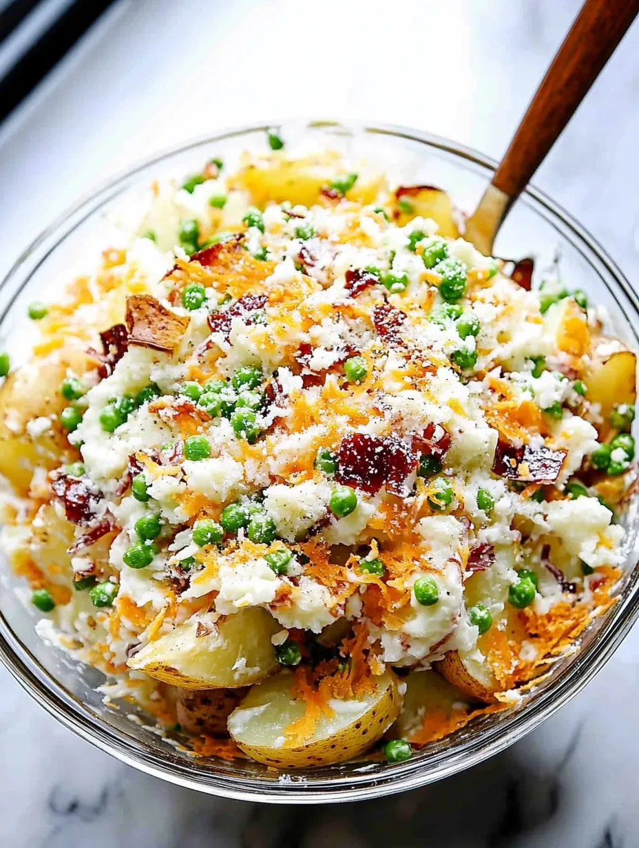 Eine Schüssel mit Essen, Erbsen und Kartoffeln.